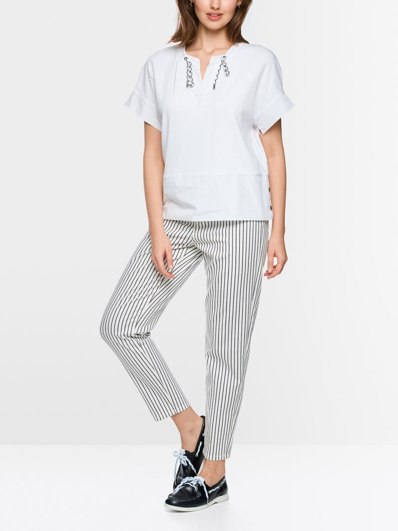 Marc Cain Sports White Short Sleeved Drawstring Cord Neckline T-Shirt