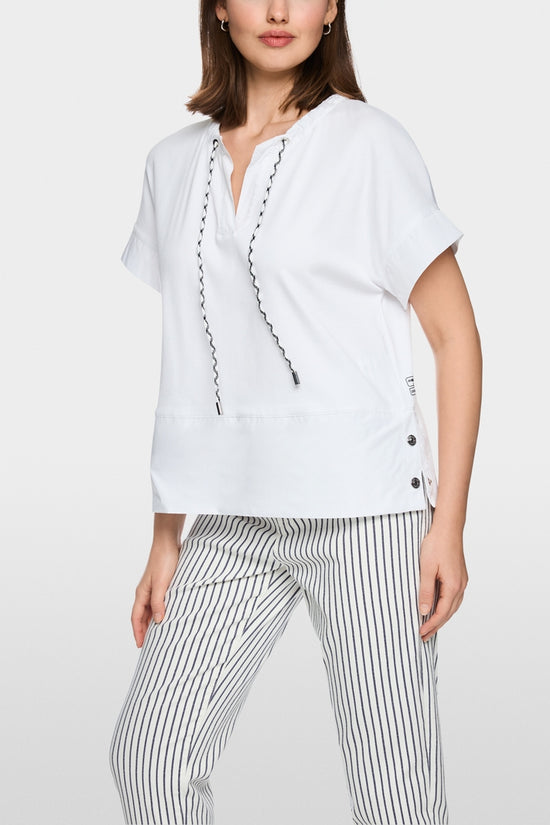 Marc Cain Sports White Short Sleeved Drawstring Cord Neckline T-Shirt