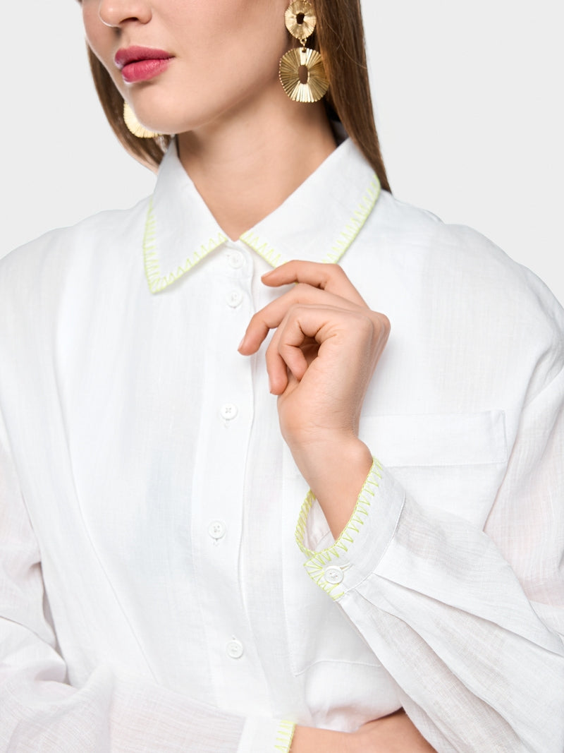 Marc Cain Sports White Shirt Collar Ramie Blouse with Stitching