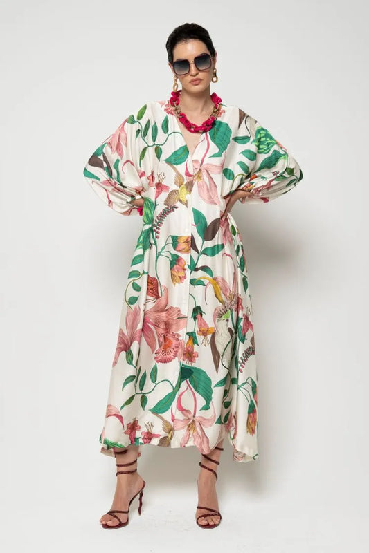 Lavi long belted floral dress Asparago