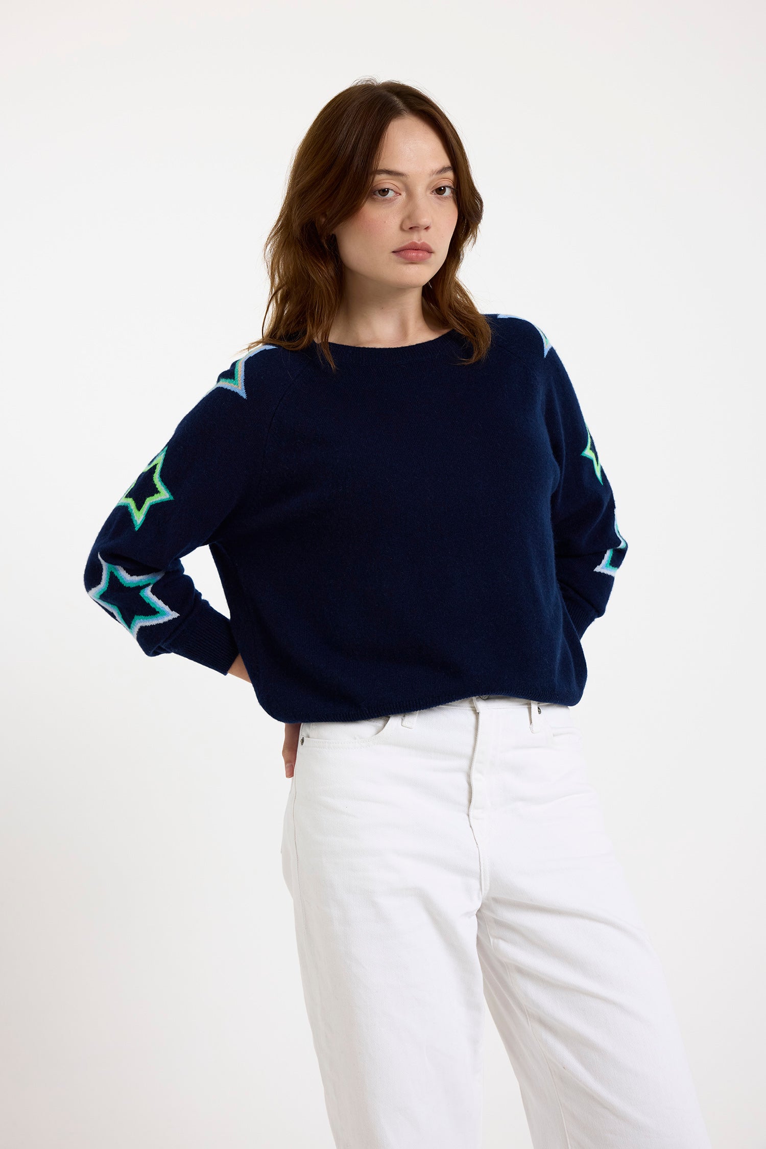 Brodie navy pop star sleeve sweater B019