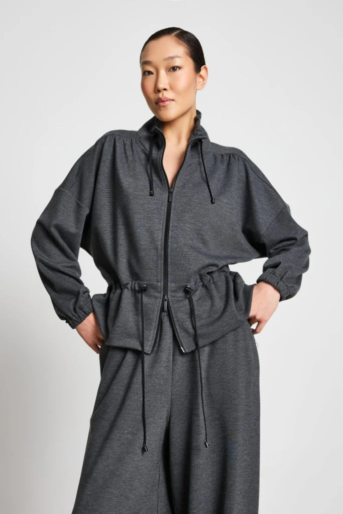 Isik Ozgur Dark Grey Zip Jacket Top High Neck Drawstring Waist