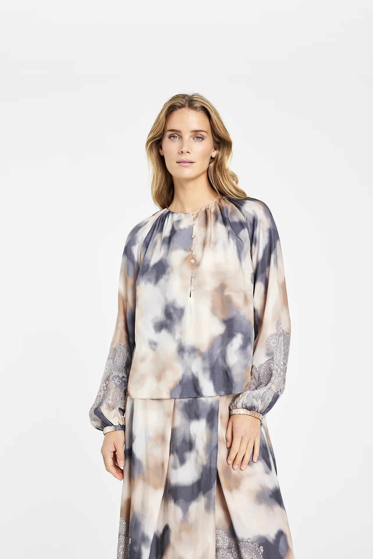 Gustav Beige Patterned Blouse with Round Neck, Full Long