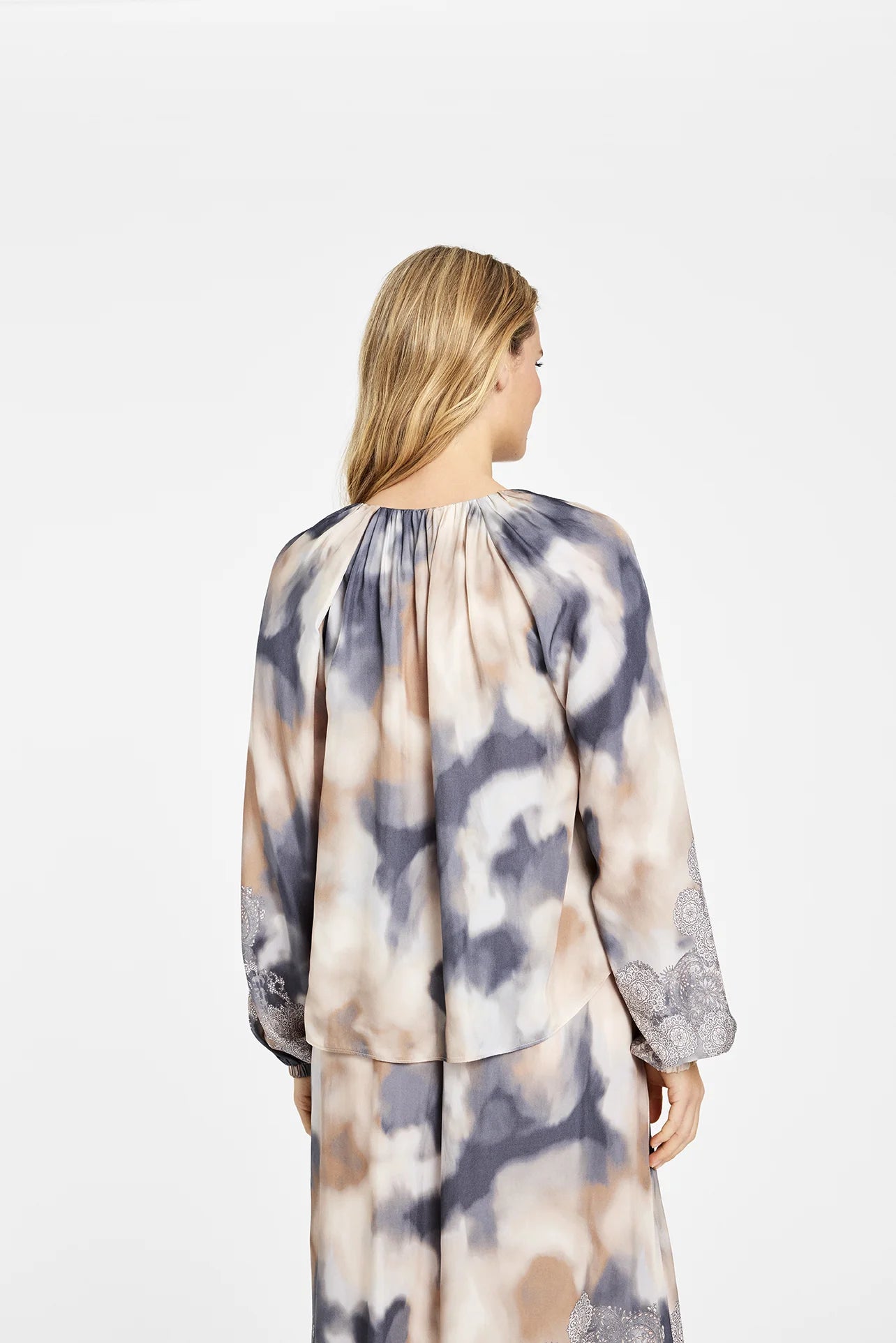 Gustav Beige Patterned Blouse with Round Neck, Full Long
