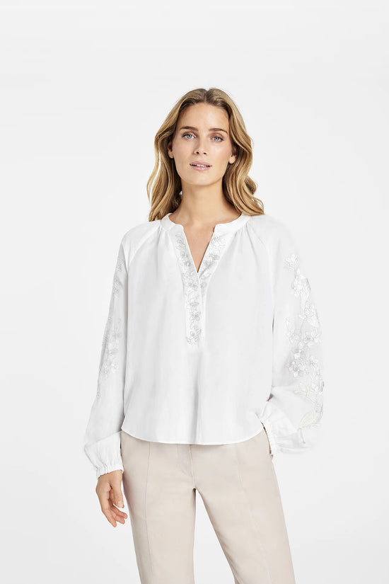 Gustav White V-Neck Long Sleeve Blouse with Floral Embroidery 