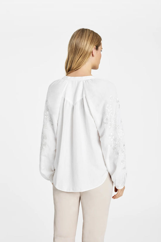 Gustav White V-Neck Long Sleeve Blouse with Floral Embroidery 