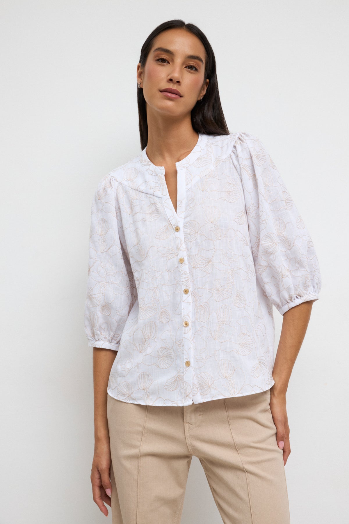 Tinta & Bariloche Embroidered Open V-Neck 3/4 sleeve Blouse