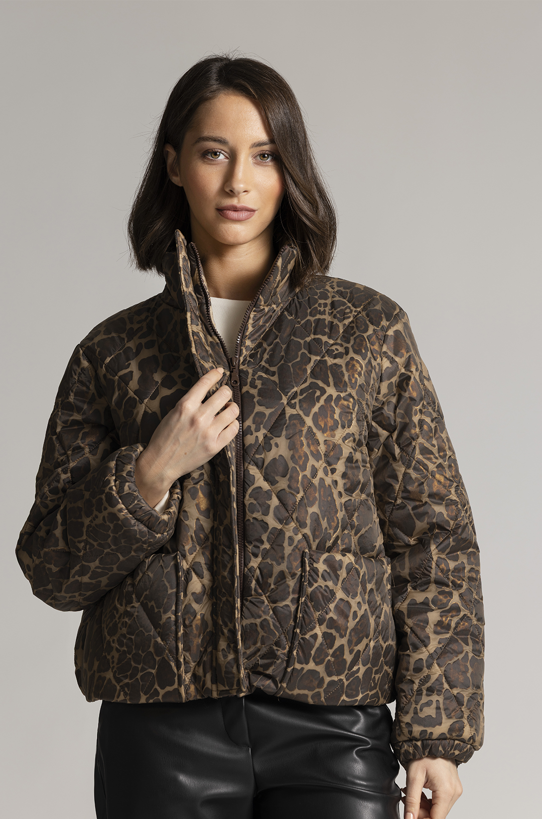 Sani Blu Animal Print Quilted Jacket High Neck, Zip Front & Drawstring Hem 