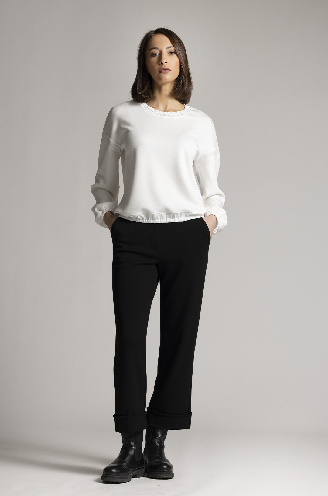 Sani Blu Black Jersey Trousers Straight Leg with Turn-Up Hem