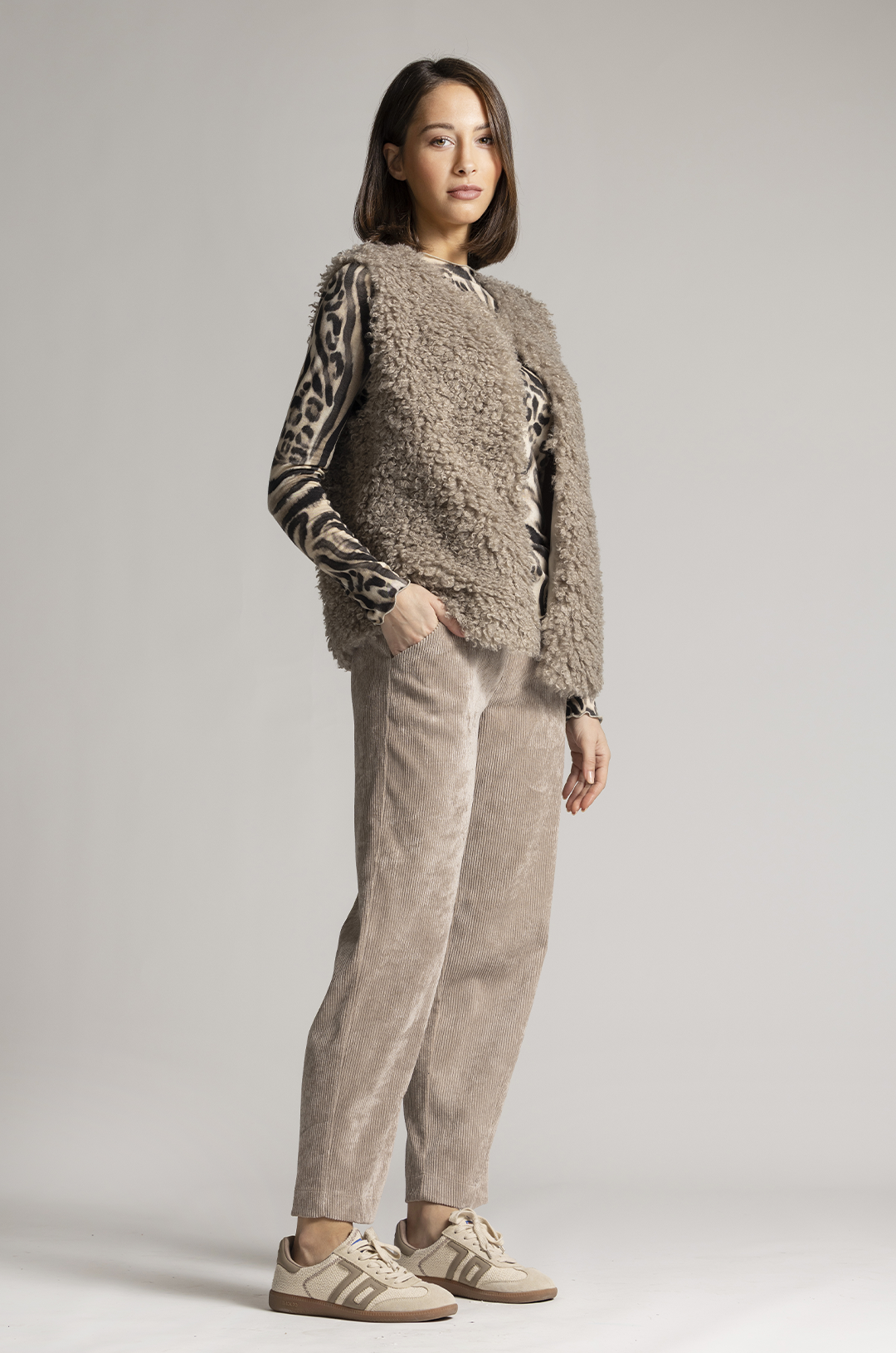 Sani Blu Taupe Corduroy Trousers Tapered Leg Elasticated Drawstring Waist 