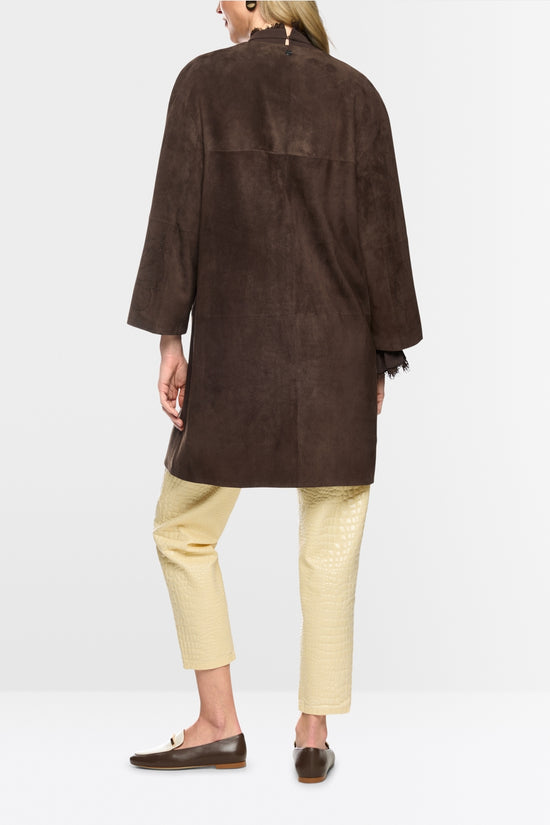 Marc Cain Brown Suede Coat with Lace Pattern on Sleeve