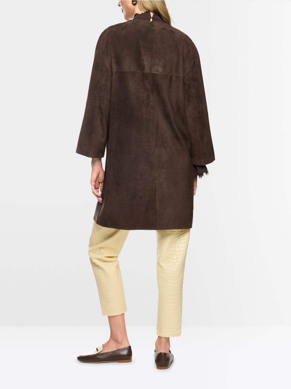 Marc Cain Brown Suede Coat with Lace Pattern on Sleeve