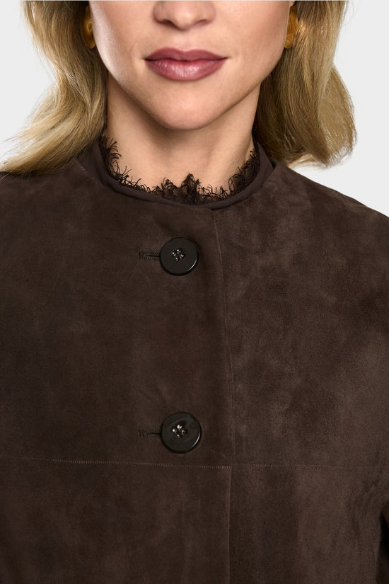 Marc Cain Brown Suede Coat with Lace Pattern on Sleeve