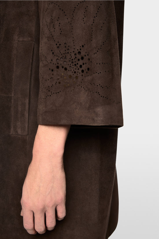 Marc Cain Brown Suede Coat with Lace Pattern on Sleeve