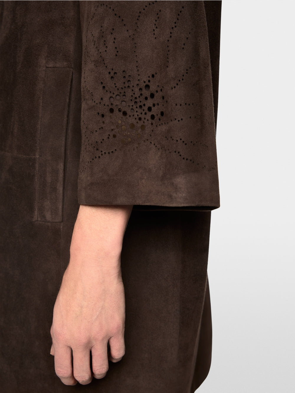 Marc Cain Brown Suede Coat with Lace Pattern on Sleeve