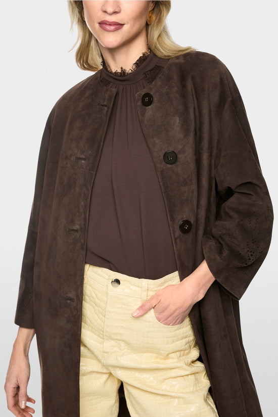 Marc Cain Brown Suede Coat with Lace Pattern on Sleeve