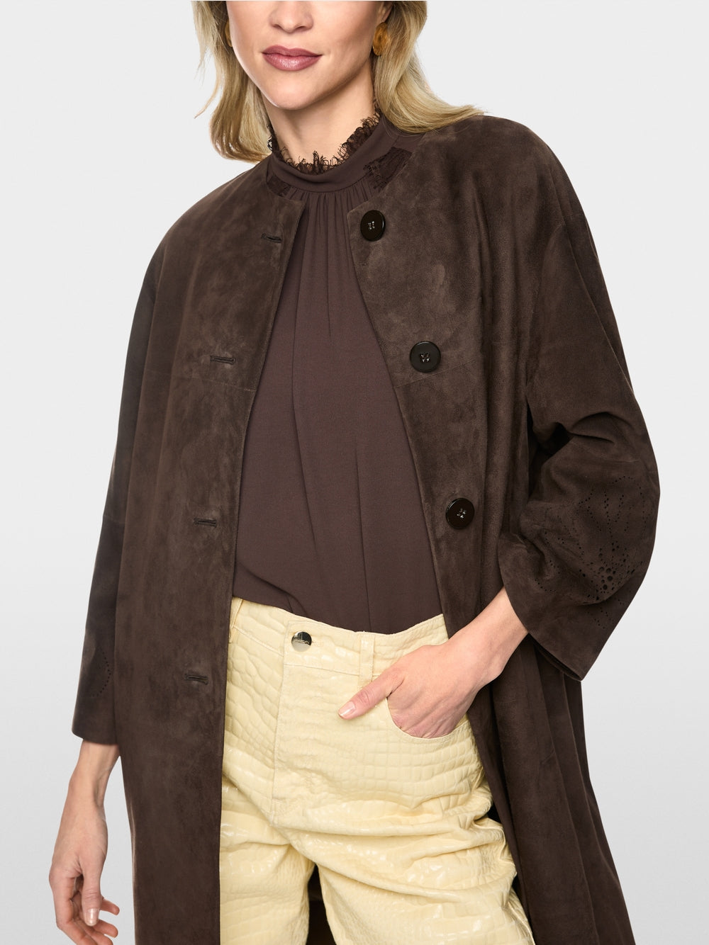Marc Cain Brown Suede Coat with Lace Pattern on Sleeve