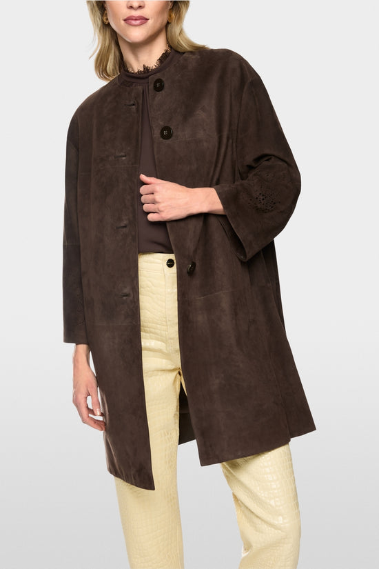 Marc Cain Brown Suede Coat with Lace Pattern on Sleeve