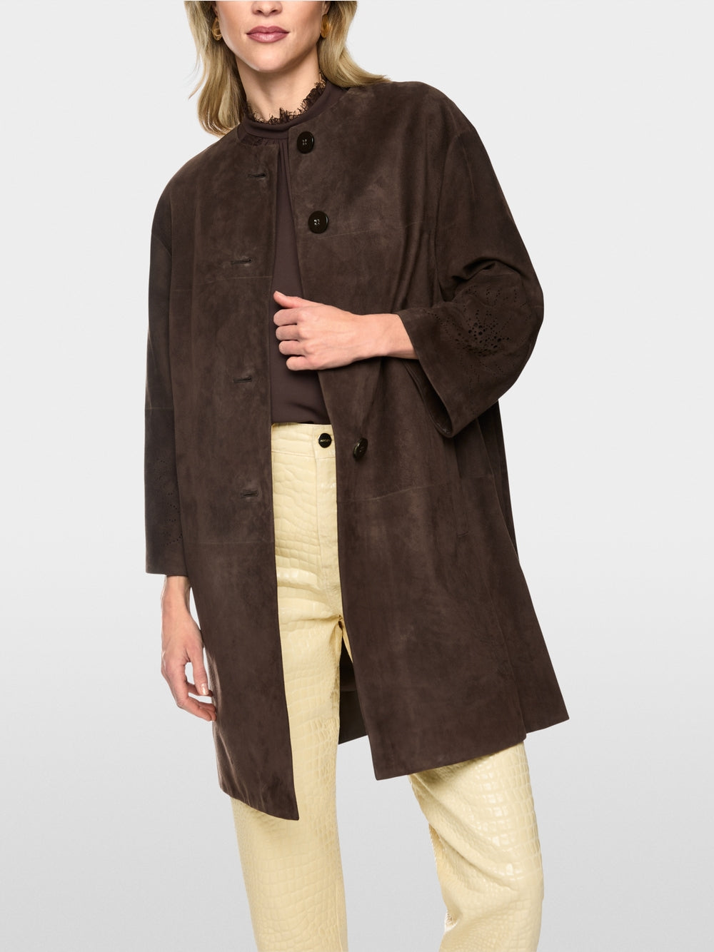 Marc Cain Brown Suede Coat with Lace Pattern on Sleeve