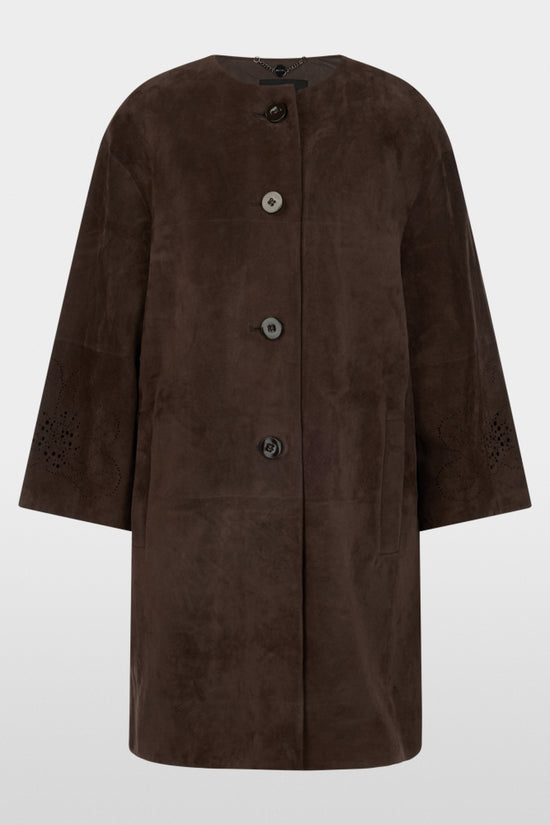 Marc Cain Brown Suede Coat with Lace Pattern on Sleeve