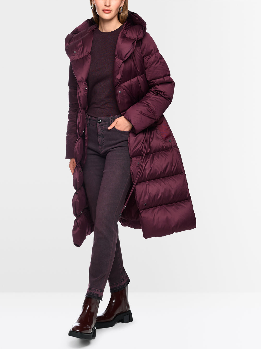 Marc Cain Wine Long Down Coat with Hood