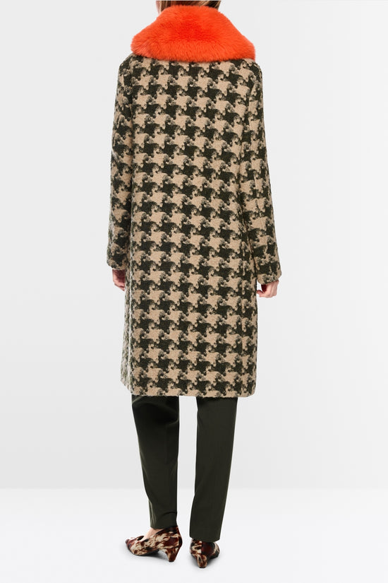 Marc Cain Tan Houndstooth Coat with Faux Fur Collar