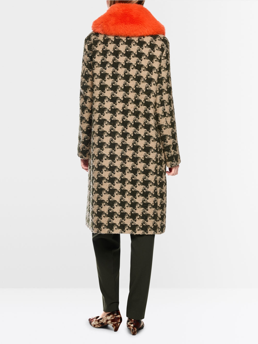Marc Cain Tan Houndstooth Coat with Faux Fur Collar