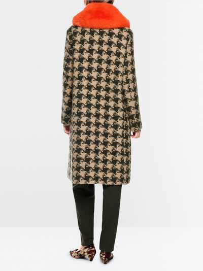 Marc Cain Tan Houndstooth Coat with Faux Fur Collar BC11.12 W65