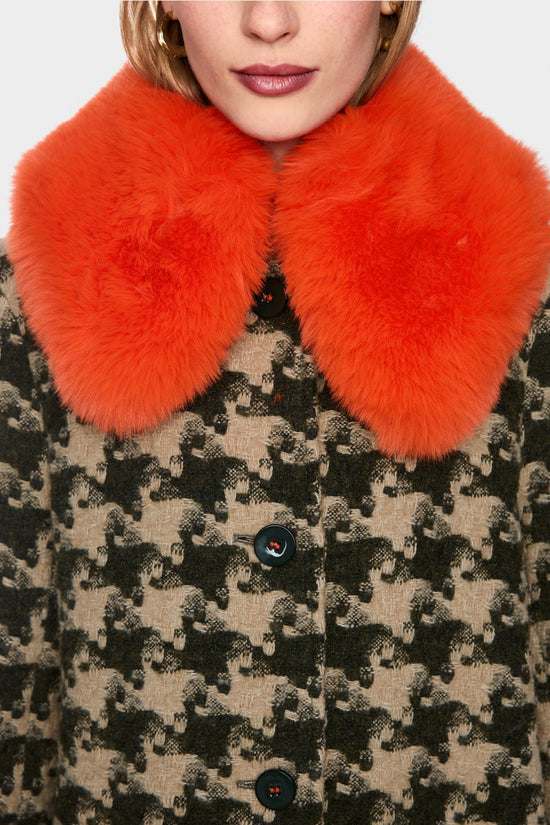 Marc Cain Tan Houndstooth Coat with Faux Fur Collar