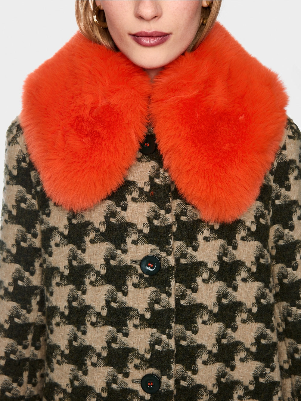 Marc Cain Tan Houndstooth Coat with Faux Fur Collar