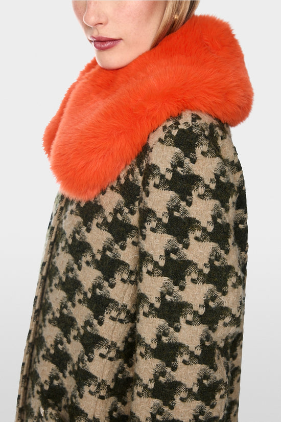 Marc Cain Tan Houndstooth Coat with Faux Fur Collar
