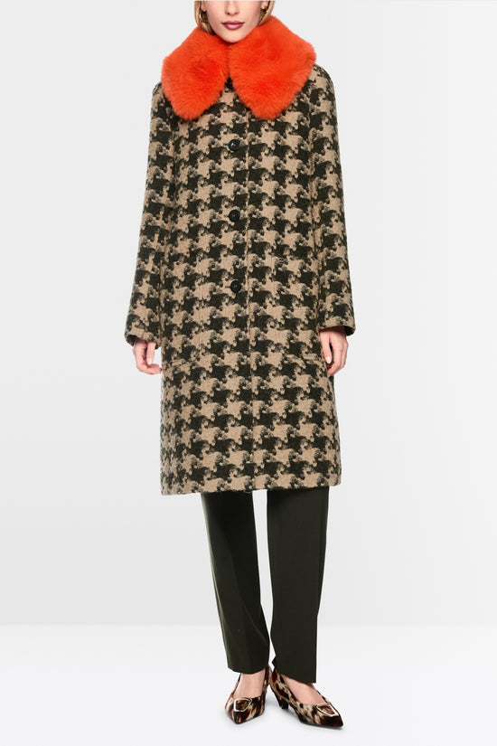 Marc Cain Tan Houndstooth Coat with Faux Fur Collar