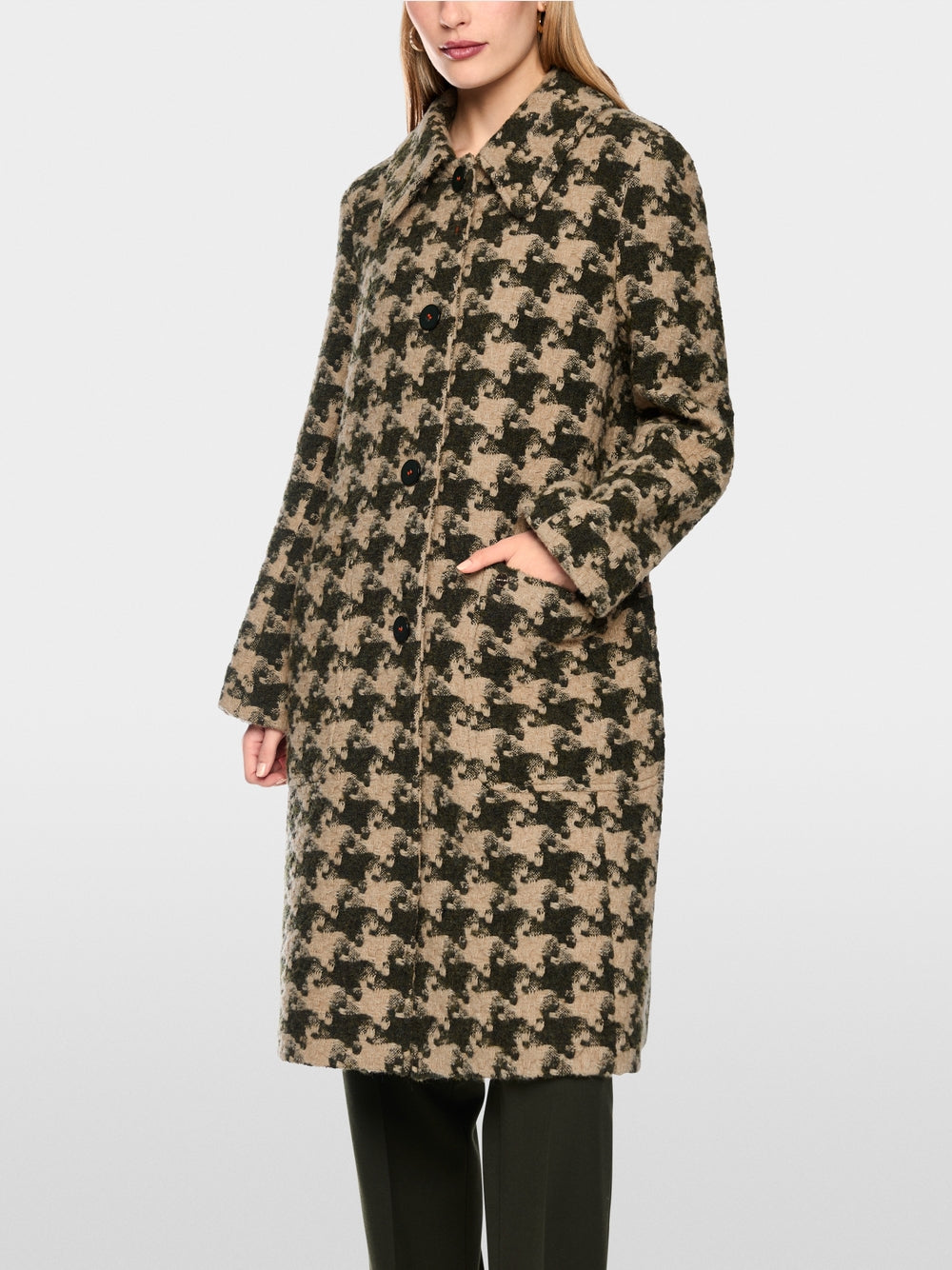 Marc Cain Tan Houndstooth Coat with Faux Fur Collar