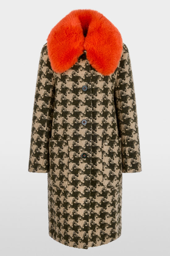 Marc Cain Tan Houndstooth Coat with Faux Fur Collar