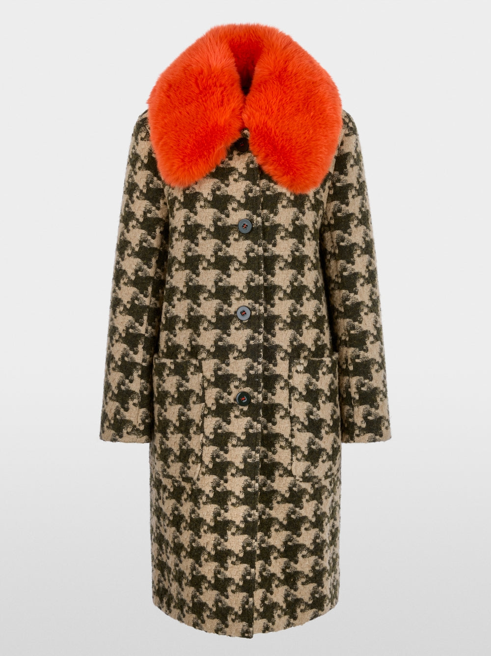 Marc Cain Tan Houndstooth Coat with Faux Fur Collar