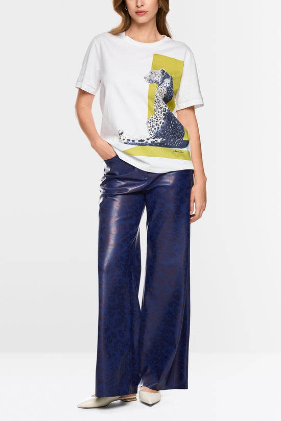 Marc Cain White Short Sleeve Cotton T-Shirt with Leopard Print