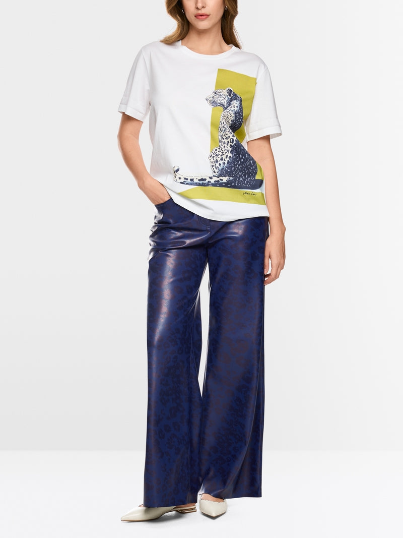 Marc Cain White Short Sleeve Cotton T-Shirt with Leopard Print
