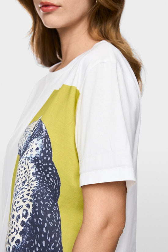 Marc Cain White Short Sleeve Cotton T-Shirt with Leopard Print