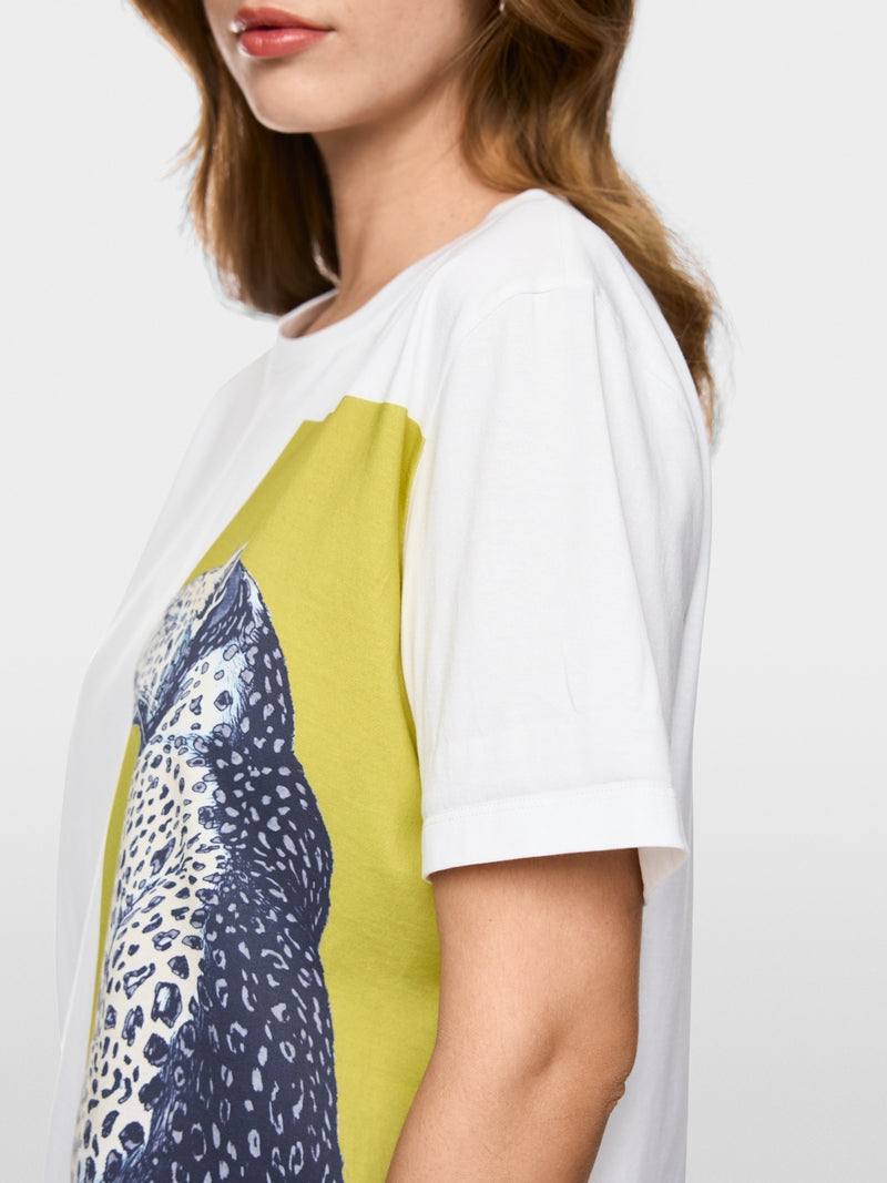 Marc Cain White Short Sleeve Cotton T-Shirt with Leopard Print