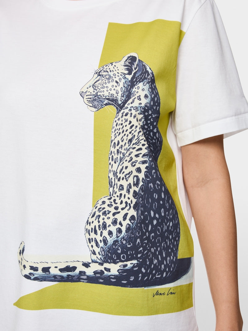 Marc Cain White Short Sleeve Cotton T-Shirt with Leopard Print