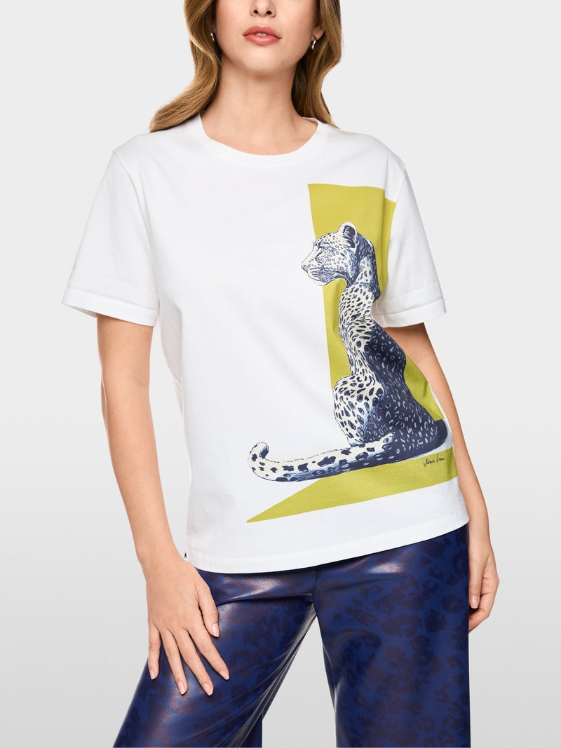 Marc Cain White Short Sleeve Cotton T-Shirt with Leopard Print