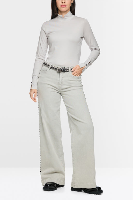 Marc Cain Taupe Long Sleeved Top with Stand-Up Collar