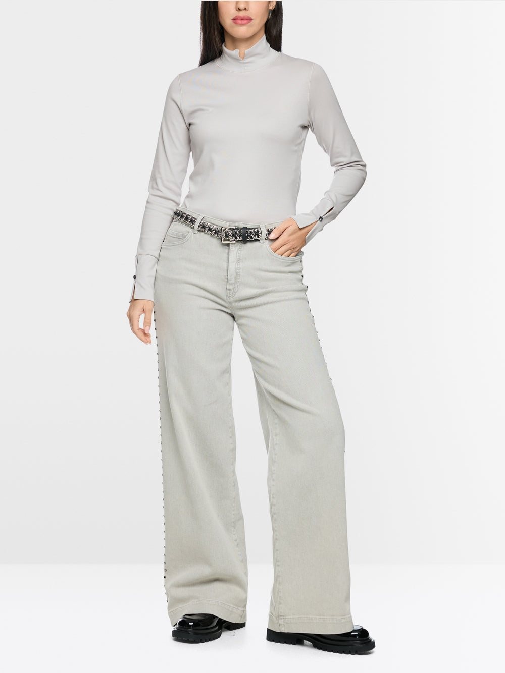 Marc Cain Taupe Long Sleeved Top with Stand-Up Collar