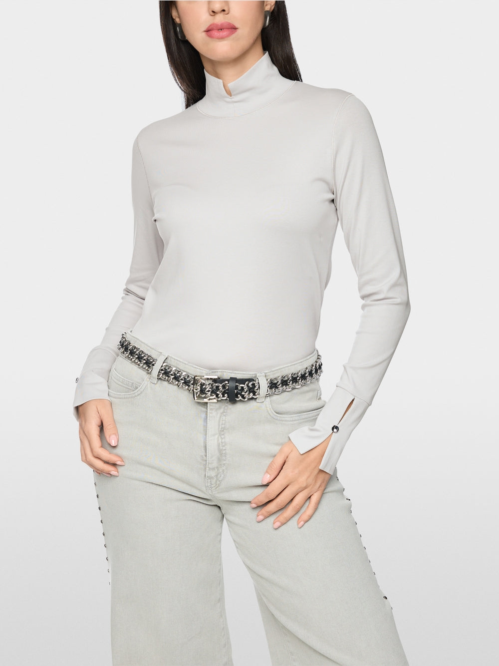 Marc Cain Taupe Long Sleeved Top with Stand-Up Collar