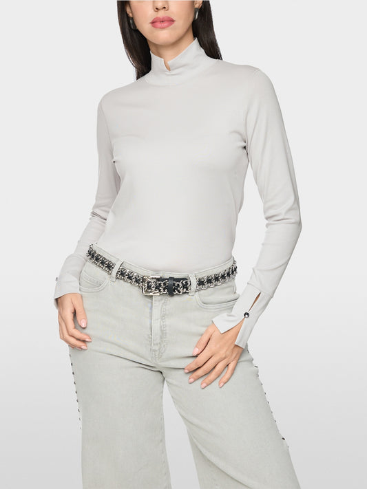 Marc Cain Taupe Long Sleeved Top with Stand-Up Collar