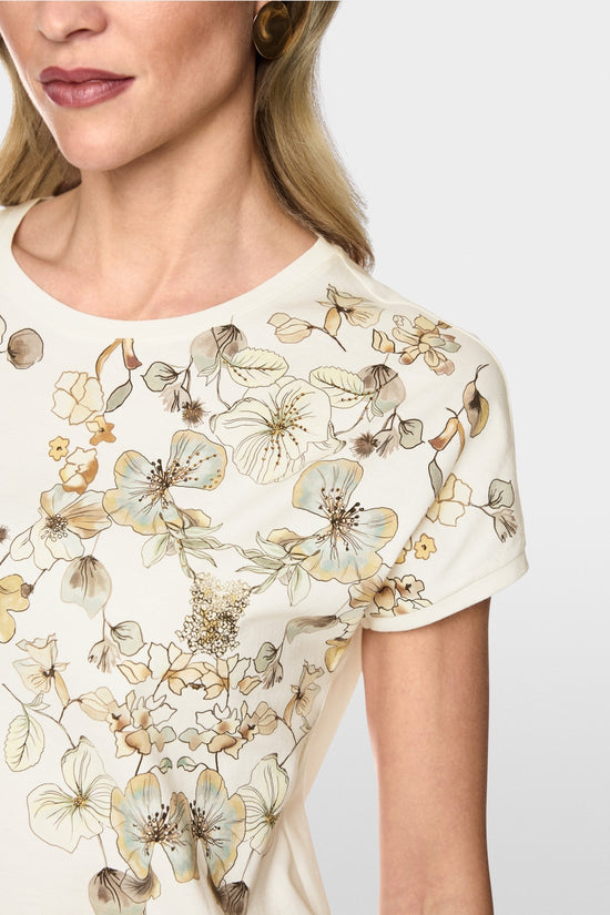 Marc Cain Off-White Organic Cotton T-Shirt with Floral Print