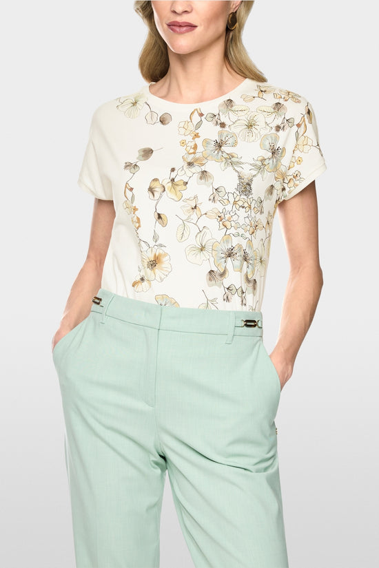 Marc Cain Off-White Organic Cotton T-Shirt with Floral Print
