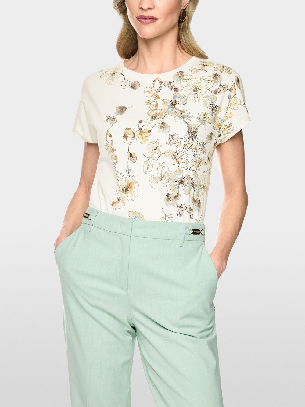 Marc Cain Off-White Organic Cotton T-Shirt with Floral Print