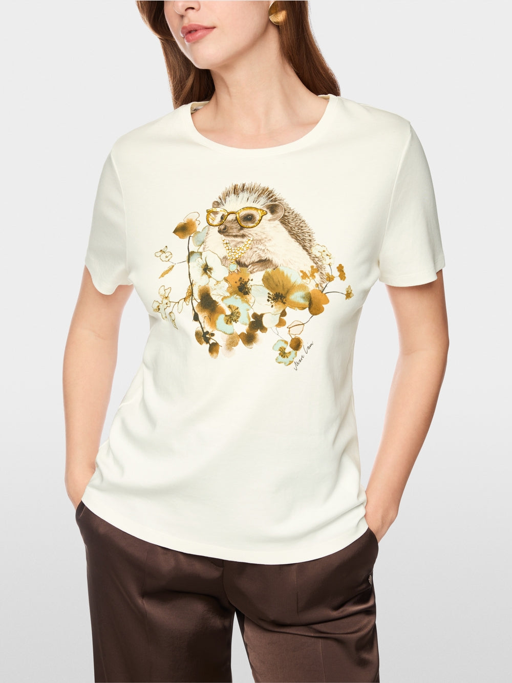 Marc Cain Off-White Hedgehog T-shirt with Decorative Stones