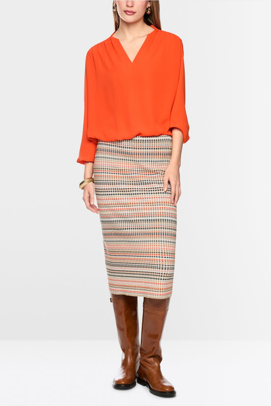 Marc Cain Tigerlily Open V-Neck Flowing Blouse with Decorative Button 